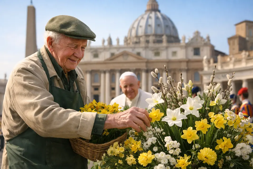 80-jarige bloemist verzorgt paasbloemen bij de paus in Rome