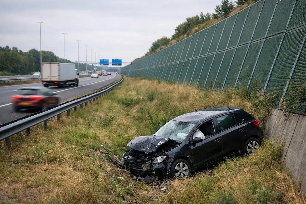 Auto raakt van de weg en komt onder geluidswal naast snelweg tot stilstand