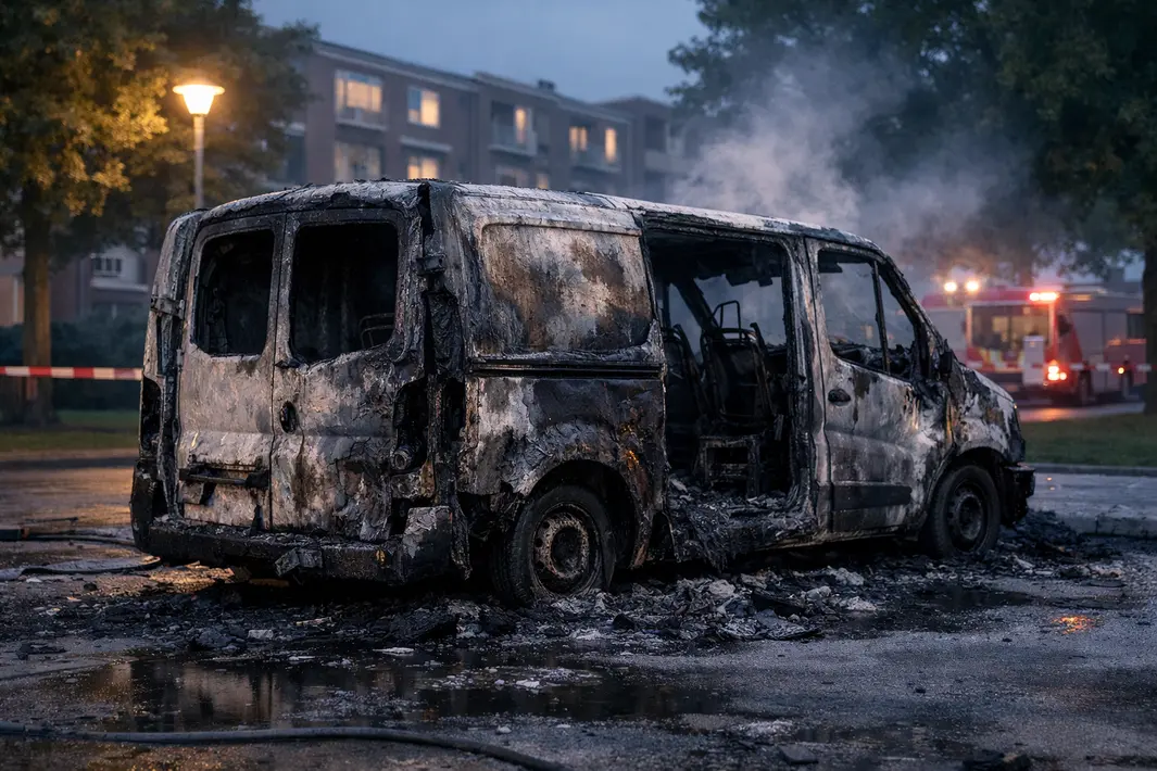 Bedrijfsbus totaal beschadigd door brand in Dordrecht-Stadspolders