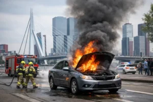 Brand onder motorkap van auto in centrum Rotterdam