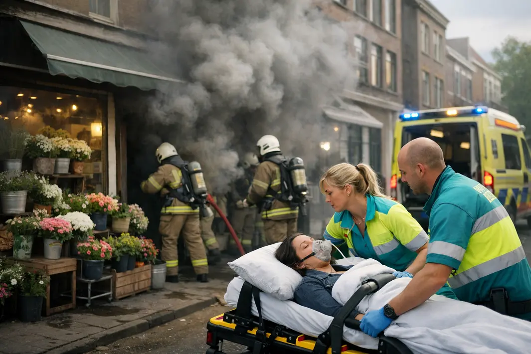 Grote brand in kelder van bloemenwinkel veroorzaakt rookontwikkeling en ziekenhuisopname