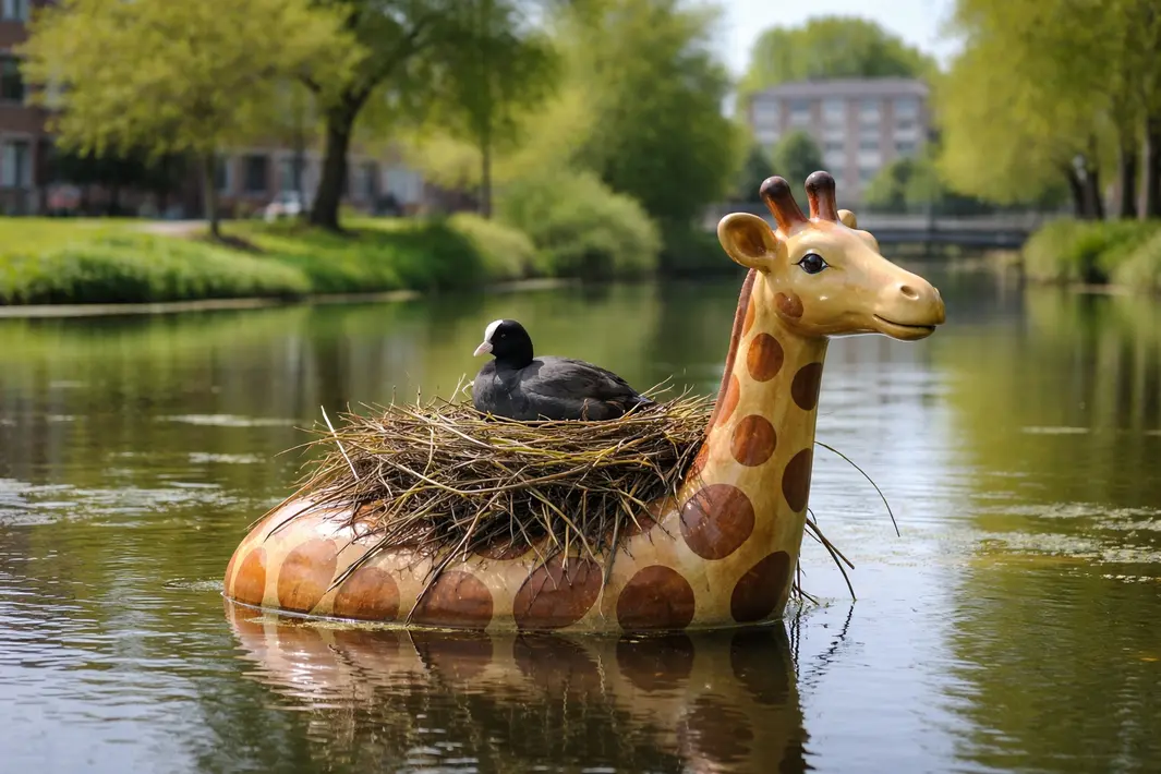Meerkoet kiest keramieken giraffe als nestplek in Rotterdam-Beverwaard