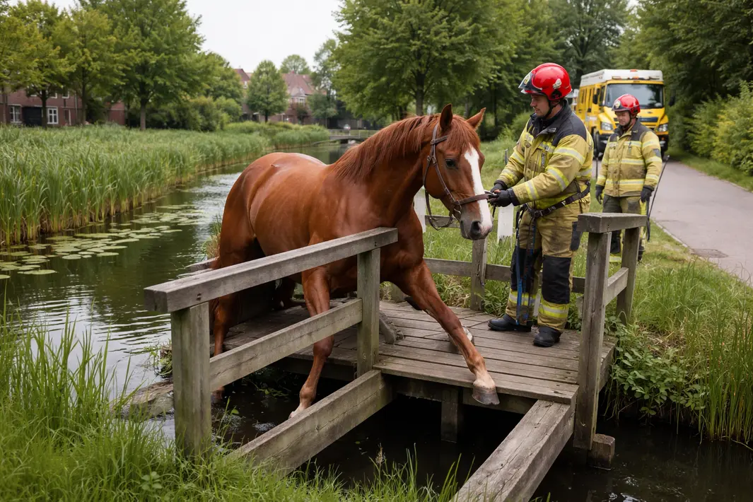 Paard raakt belemmerd door houten bruggetje in Bergschenhoek