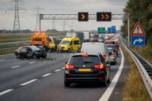Vertraging door ongevallen op de A15, verkeer rijdt over vluchtstrook