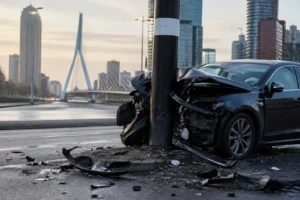 Auto rijdt tegen paal in Rotterdam, flinke schade en brokstukken op straat