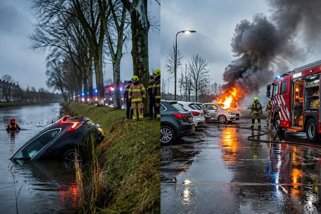 Auto te water en brand op parkeerplaats leiden tot inzet hulpdiensten