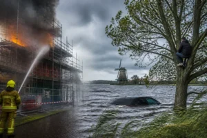 Brand op steiger en bestuurder te water klimt in boom bij incident