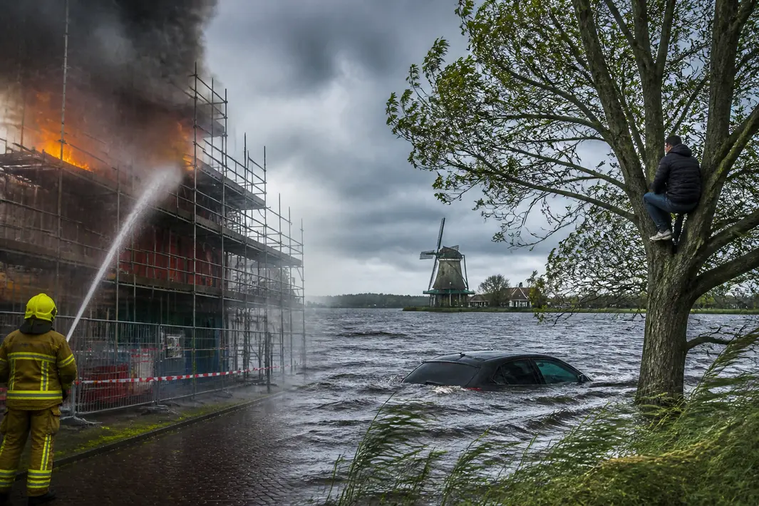 Brand op steiger en bestuurder te water klimt in boom bij incident