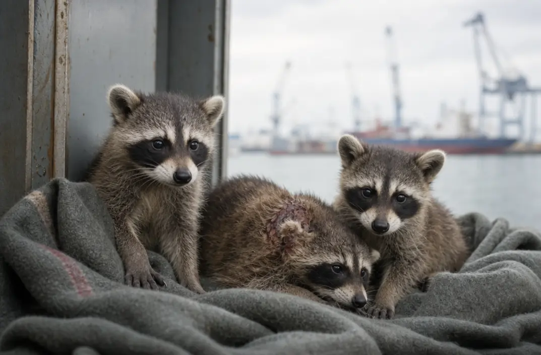 Drie jonge wasbeertjes gevonden in schip op Maasvlakte, een ernstig gewond