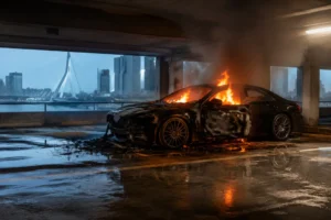 Dure auto in brand gestoken in Rotterdamse parkeergarage, politie zoekt verdachten