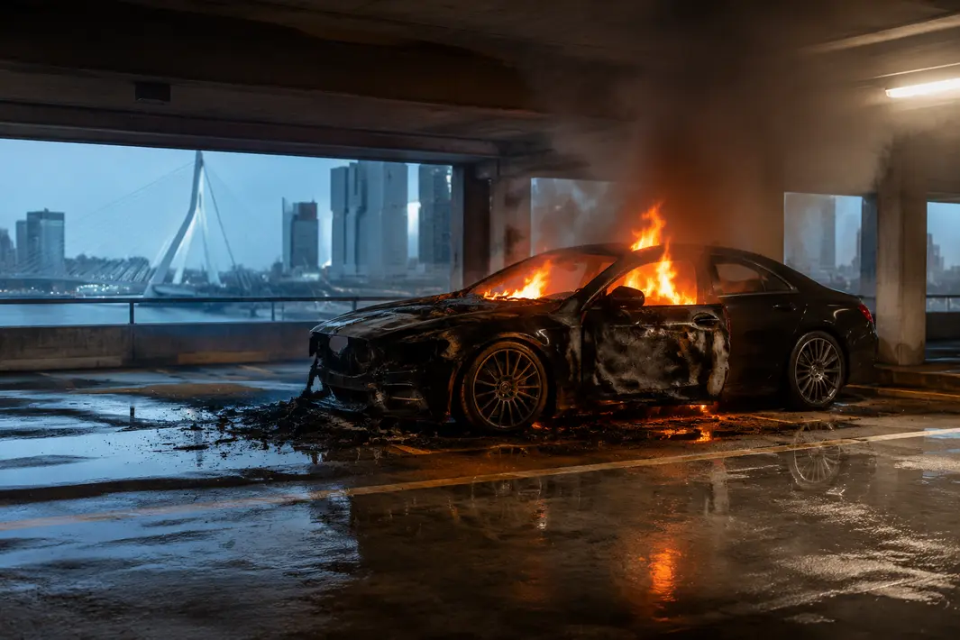 Dure auto in brand gestoken in Rotterdamse parkeergarage, politie zoekt verdachten