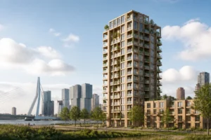 Duurzame houten woontoren met betaalbare starterswoningen in Rotterdam