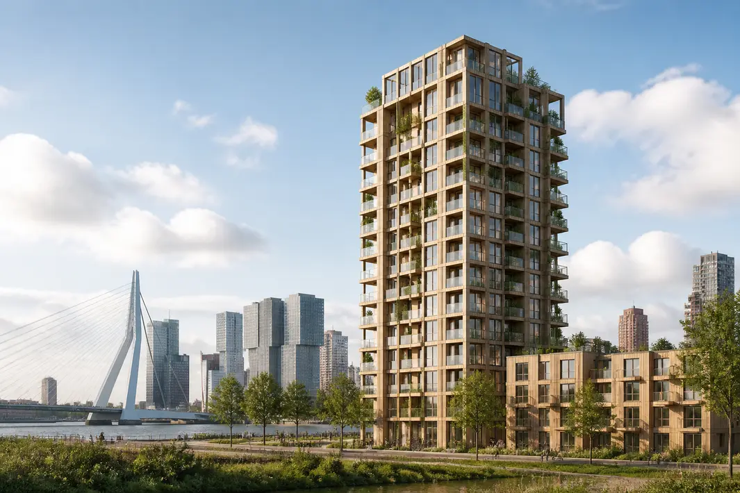 Duurzame houten woontoren met betaalbare starterswoningen in Rotterdam