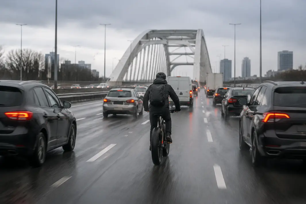 Fatbiker rijdt gevaarlijk tussen het verkeer op de A16 richting Van Brienenoordbrug