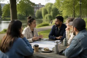 Gesprek over huurprijzen tijdens Social Sandwich Club in Vroesenpark
