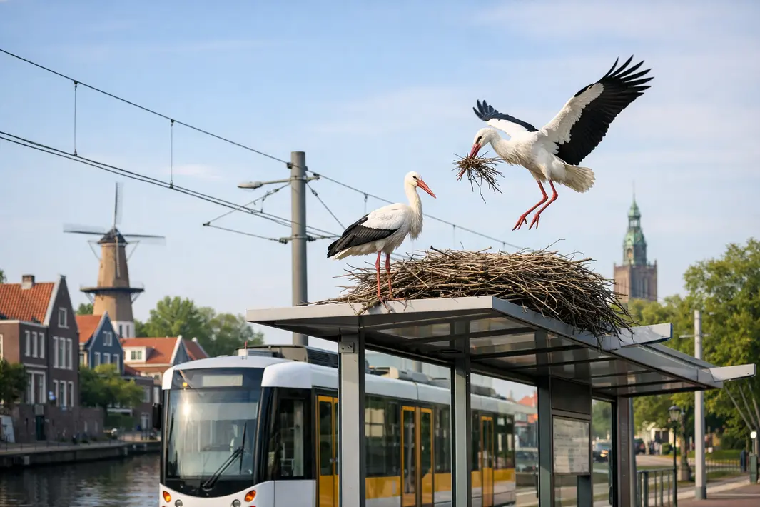 Ooievaars bouwen nest op tramhalte in Schiedam