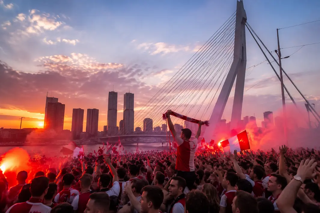 Supporters vieren massaal feest op Erasmusbrug na kampioenschap voetbalclub