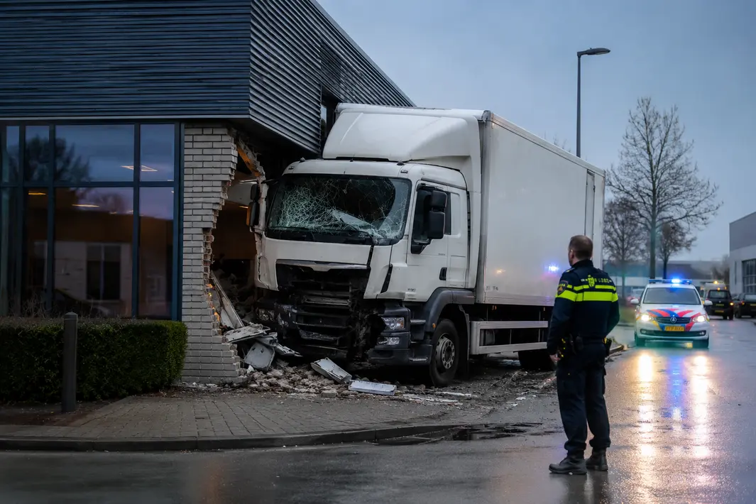 Vrachtwagen rijdt tegen gevel bedrijfspand, chauffeur aangehouden wegens mogelijk alcoholgebruik