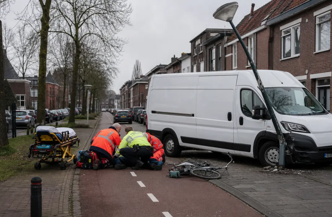 Zwaargewonde wielrenner na eenzijdig ongeluk, bestelbus veroorzaakt schade aan lantaarnpaal