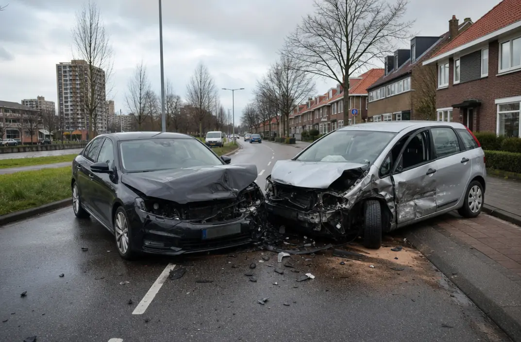 Aanrijding tussen twee auto’s op Marathonweg in Vlaardingen met flinke schade
