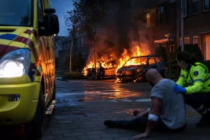 Brandende auto's bij woning en steekincident met gewonde man