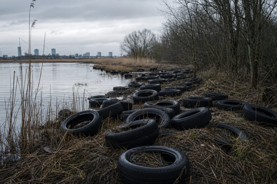 Tientallen autobanden aangetroffen in natuurgebied bij Schiedam