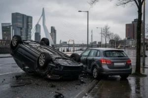 Voertuig over de kop na botsing met geparkeerde auto in Rotterdam