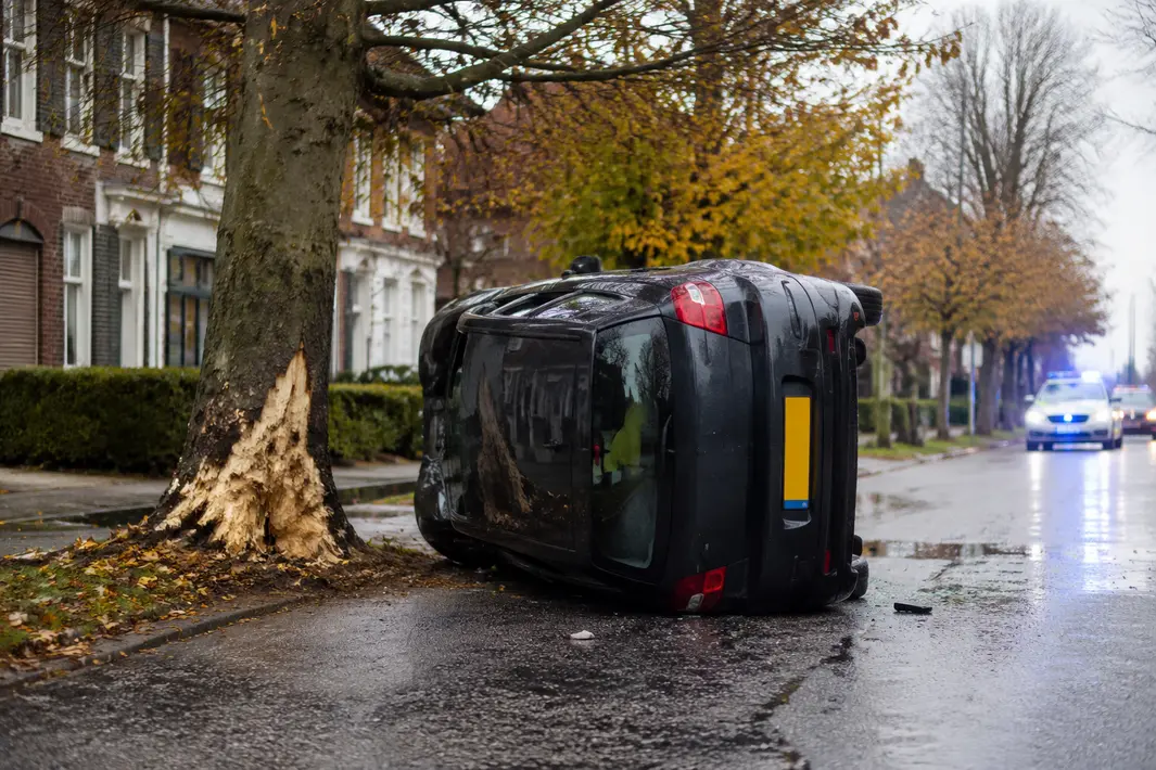 Auto kantelt na aanrijding met boom op Rijksstraat in Dordrecht