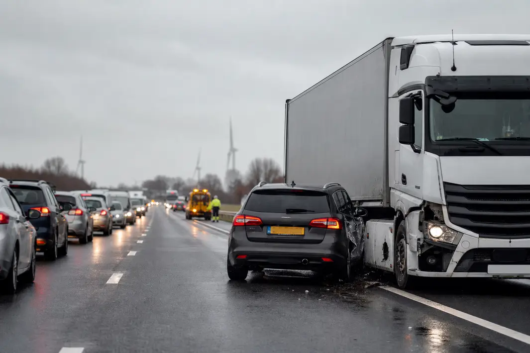 Botsing tussen auto en vrachtwagen op A15 zorgt voor verkeersopstopping